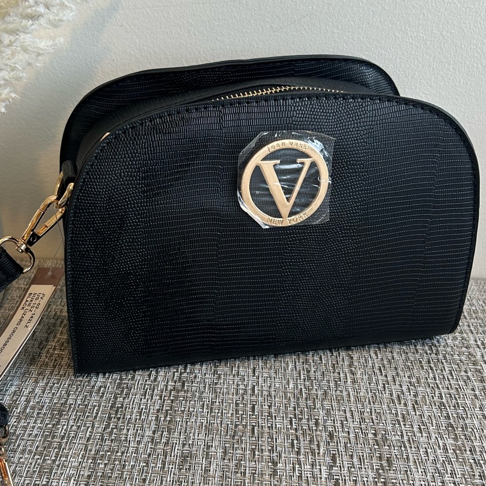 Joan Vass 🌷Black Crossbody Dome Bag Gold Logo Shoulder Designer Purse New✨
